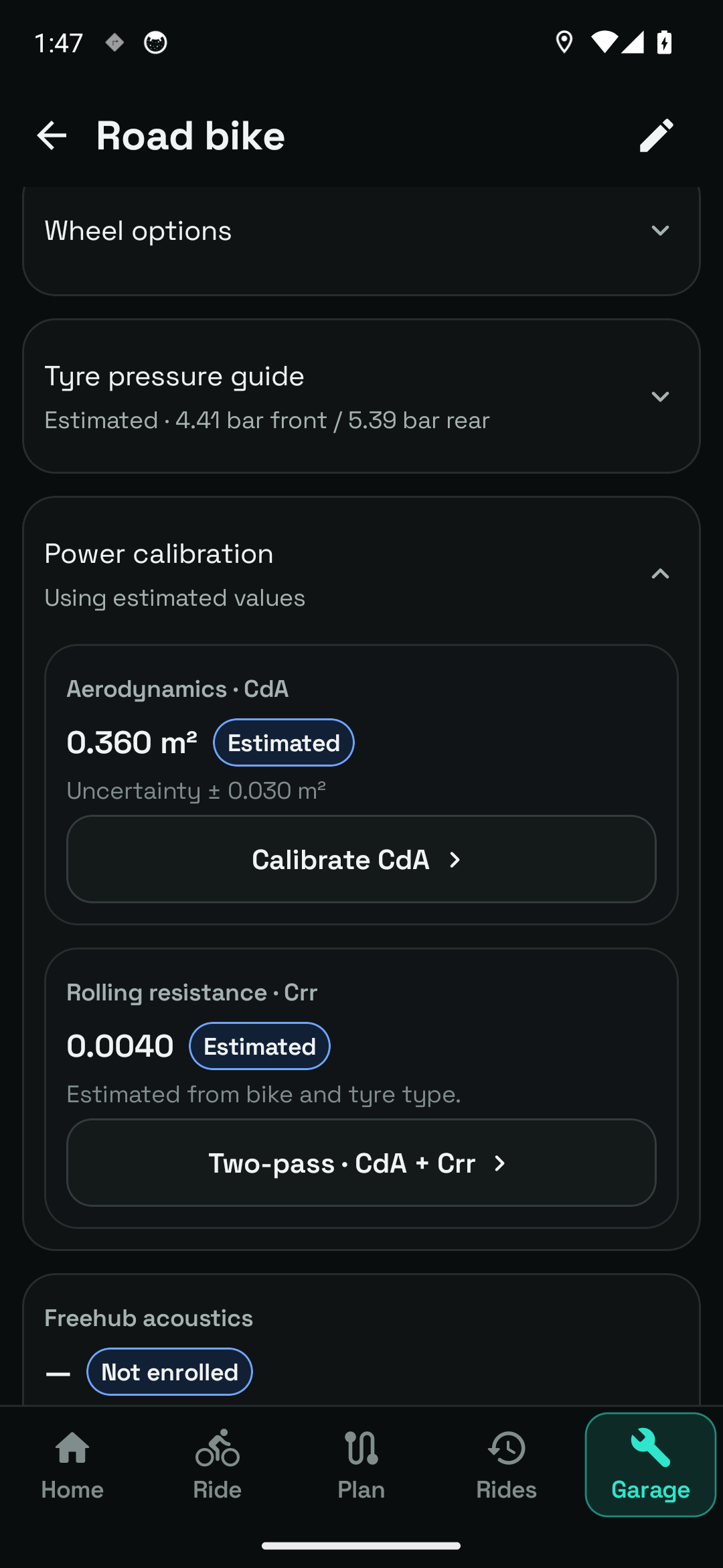 Power calibration values. The bike's aerodynamic and rolling-resistance parameters and calibration controls.
