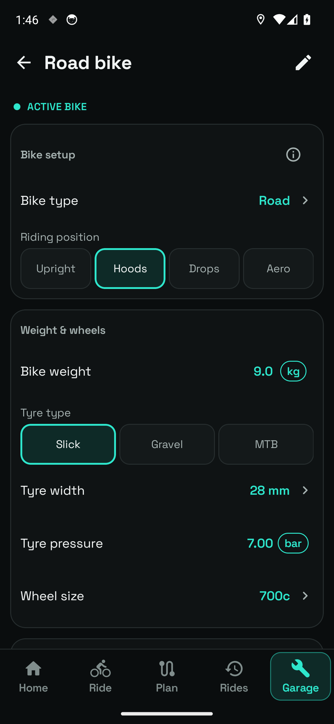 Type, position & tyres. Bike type, riding position, weight and tyre settings for the sample Road bike.