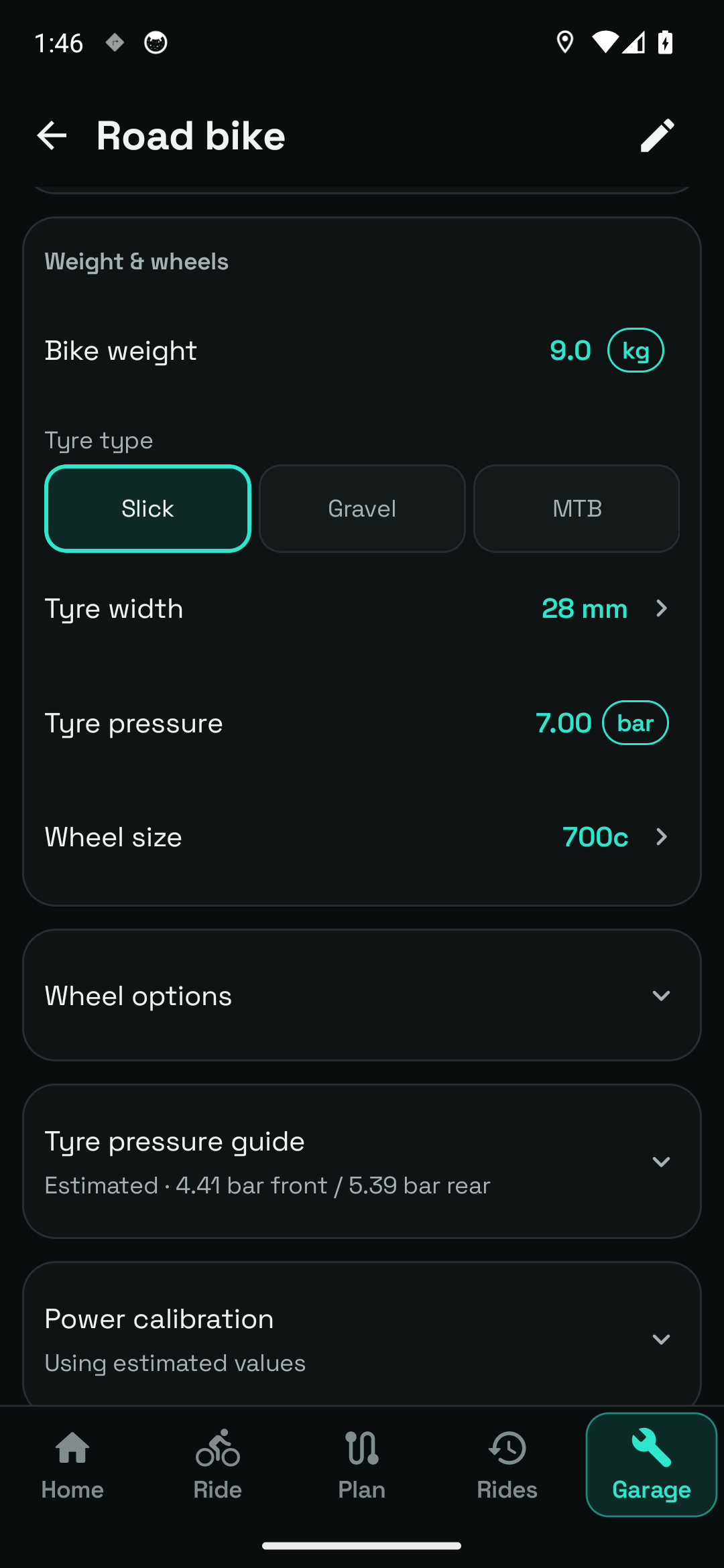 Wheels & pressure. Per-bike wheel and tyre settings, with expandable options and guidance.