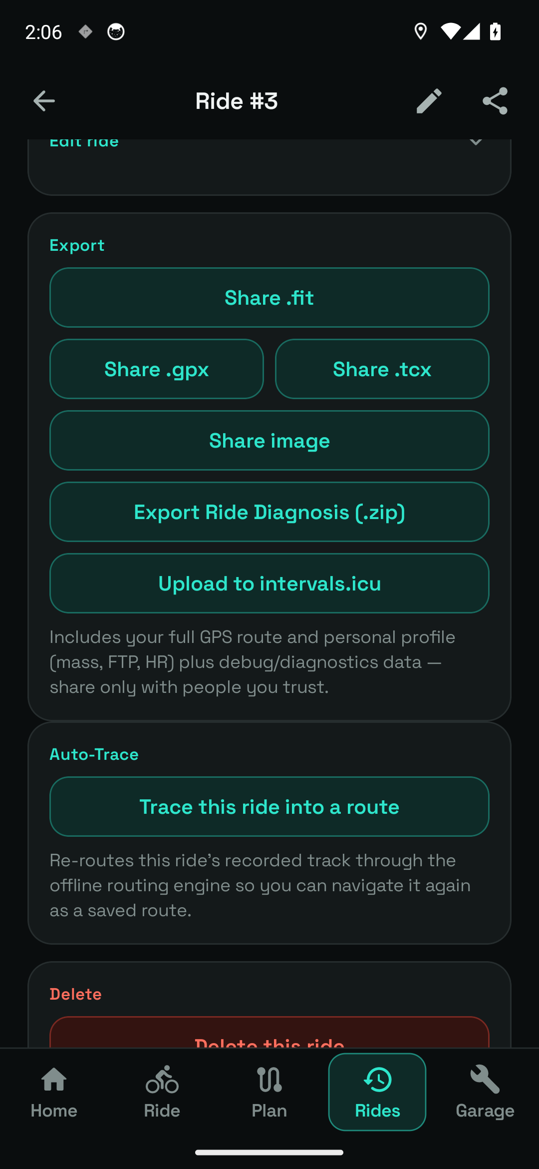 Export a ride. The actual export controls for a saved sample activity. No file was sent.