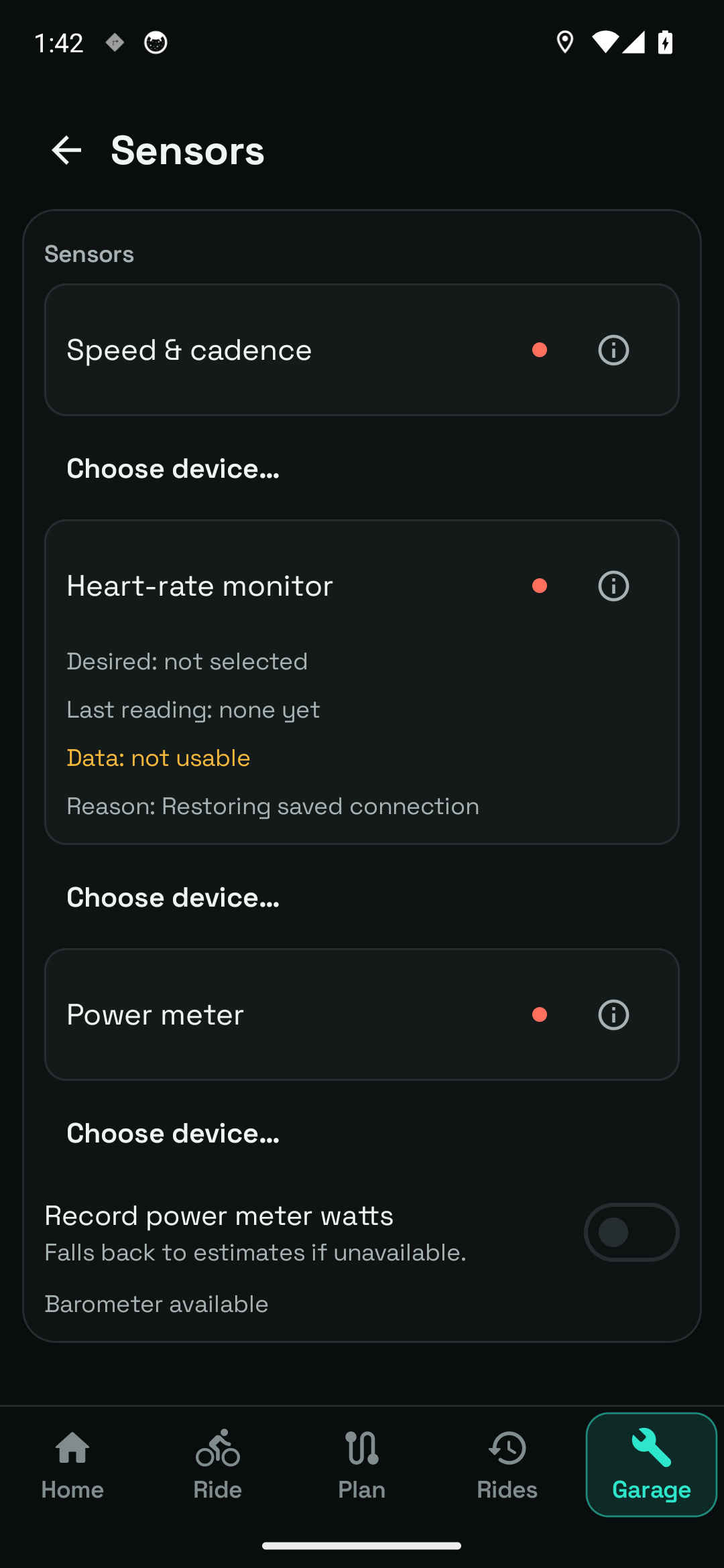 Heart rate. Heart-rate monitor selection and connection controls in the Sensors screen.