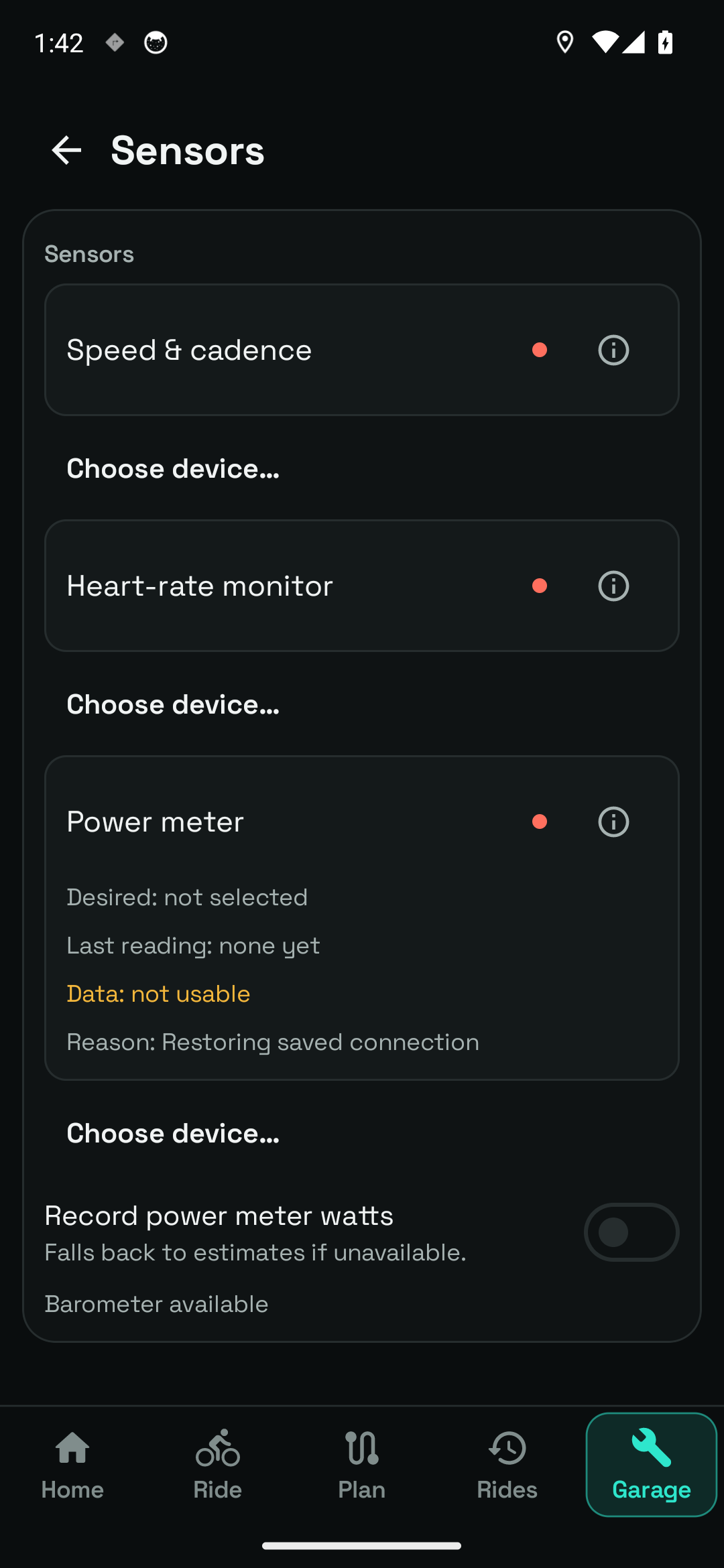 Power meter. Power-meter setup and the Record power meter watts setting, including the fallback to estimates.