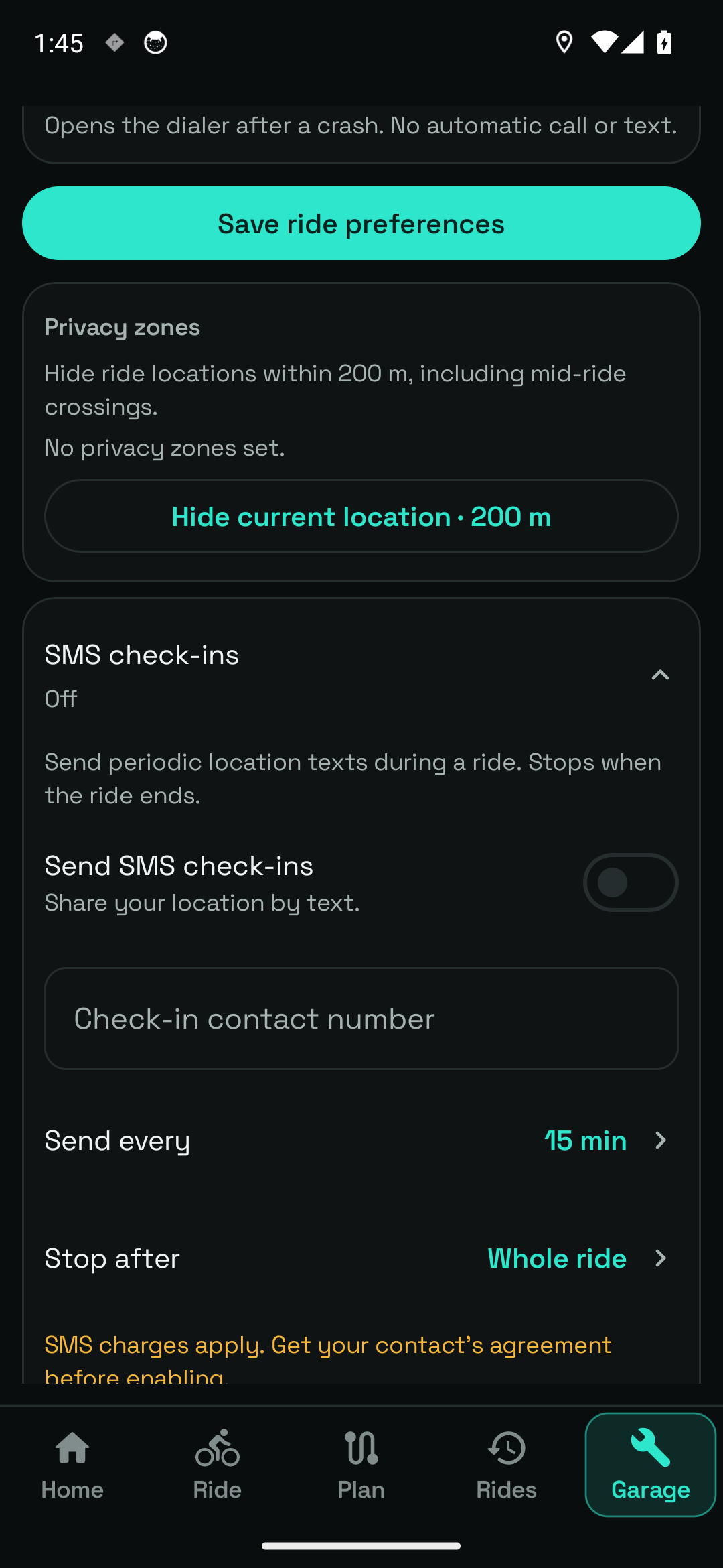 SMS check-ins. Optional location-text settings. No contact is configured and no message was sent.
