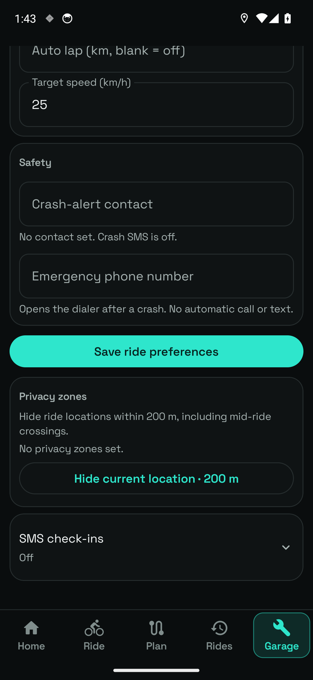 Privacy zones. Location privacy controls in Ride settings, including the 200 m zone option.