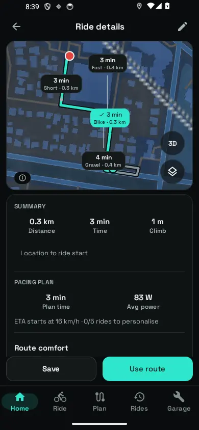 Route review in Ride Compute showing a map, distance, estimated time and climbing. Example route.